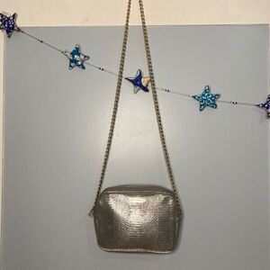 Victoria’s Secret, Metallic Silver Crossbody Purse with Single Gold Chain Strap